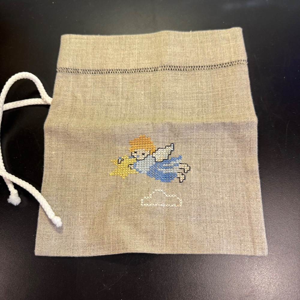 Drawstring Pouch Small Beige Linen Cross Stitch Angel Star Hemstitch Bag